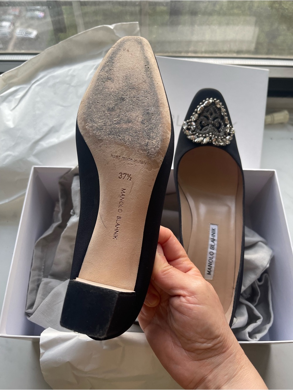 Manolo Blahnik Black Embellished Satin Pumps with Crystal Brooch - Picture 9 of 13
